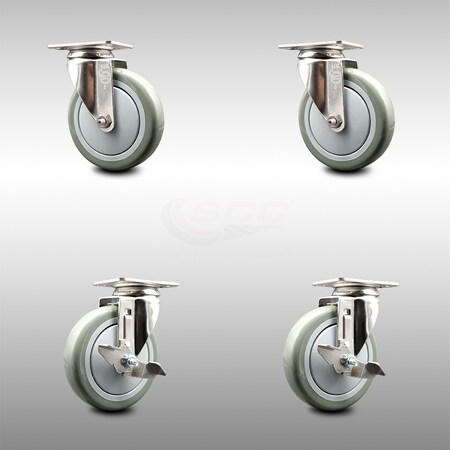 Service Caster 5 Inch 316SS Gray Polyurethane Wheel Swivel Top Plate Caster Brakes SCC, 2PK SCC-SS31620S514-PPUB-2-TLB-2